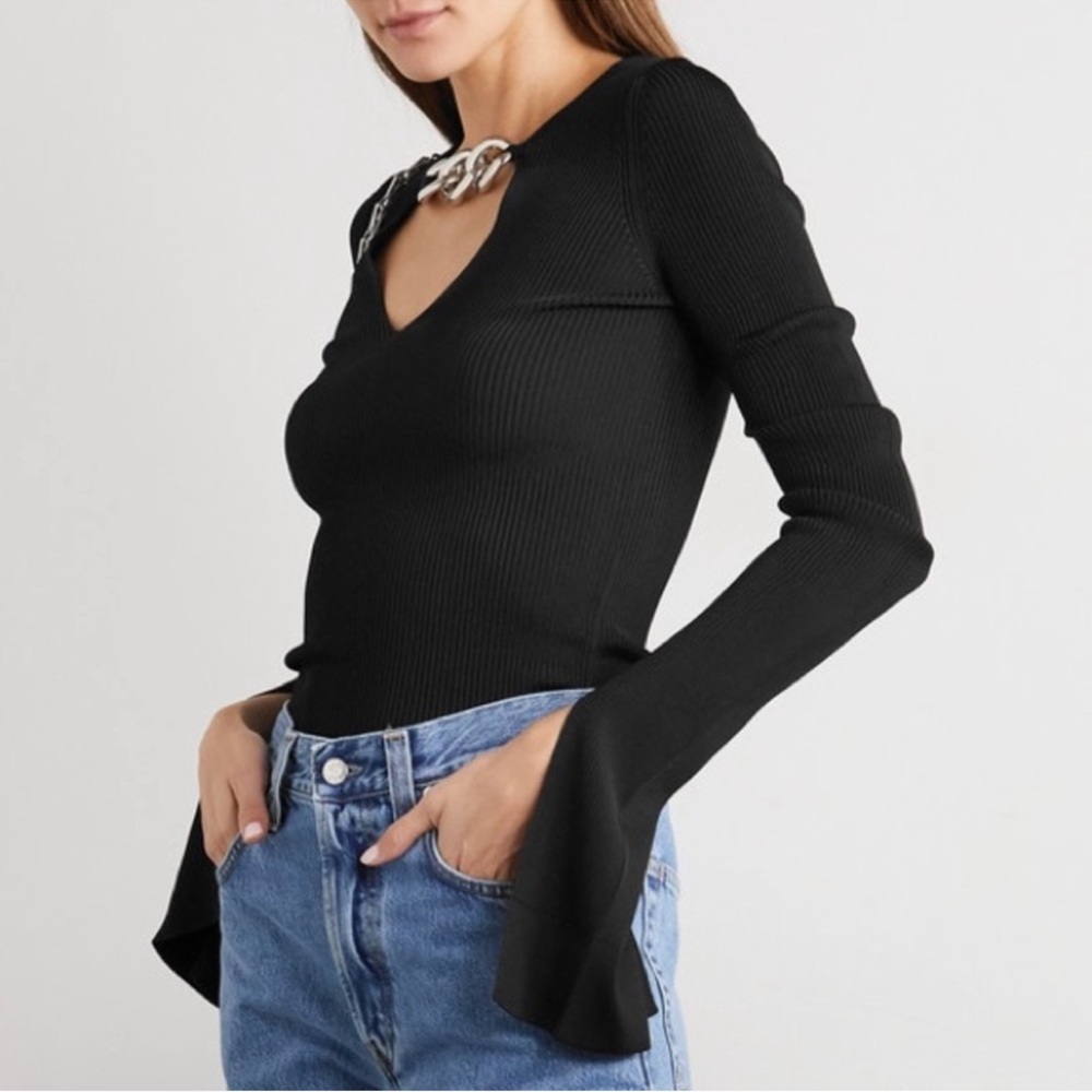Alexander Wang Women's V-Neck Pullover Chain Trim Split Cuff Top Black Sz Small